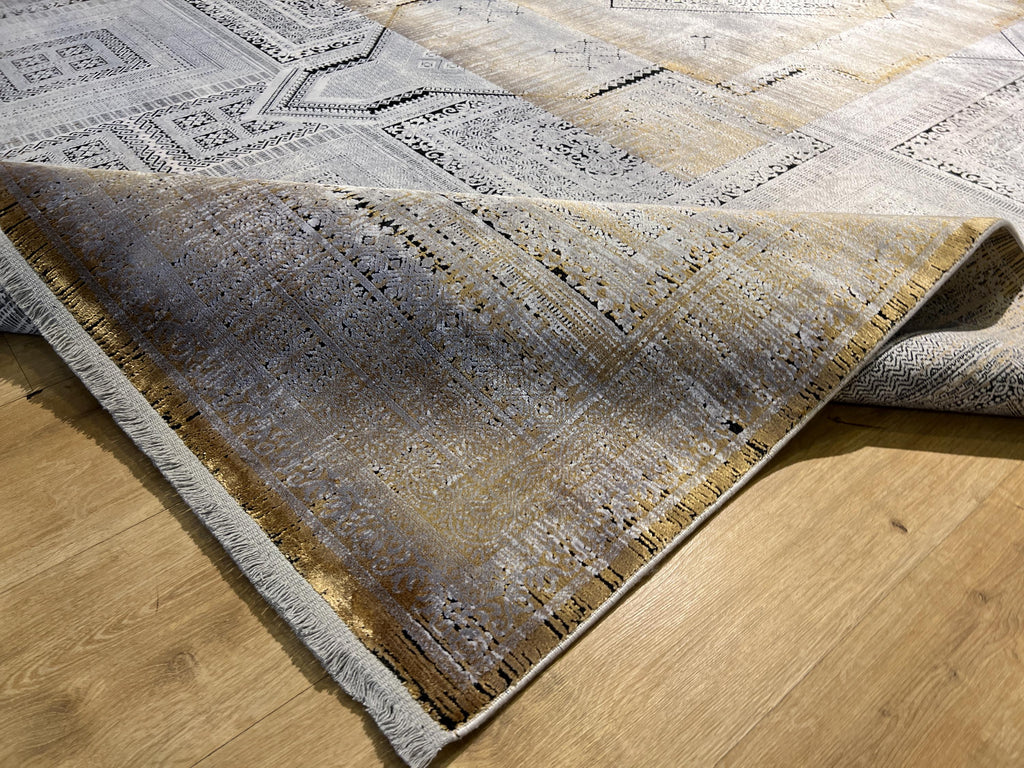 8x11 ft Gray Yellow Geometric Bamboo Rug with Ethnic Patterns, Modern Natural Carpet