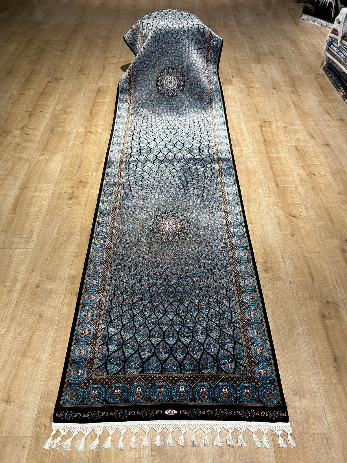 Blue Black Silk Runner Rug, Medallion Peacock Tail Design Rug, Traditional Carpet