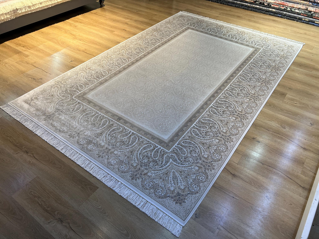 7x10 ft Cream Silk Rug, Grey Beige Border Design Modern Rug, Luxury Home Decor