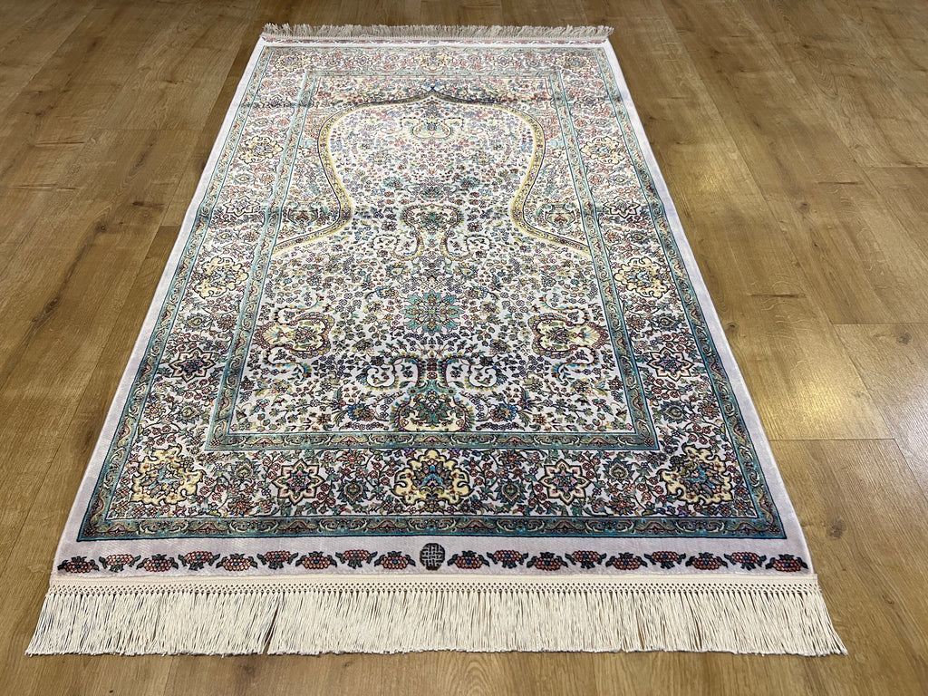 2.62X4.10 ft Ivory Silk Prayer Rug, Green Gold Floral Design, Muslim Prayer Mat