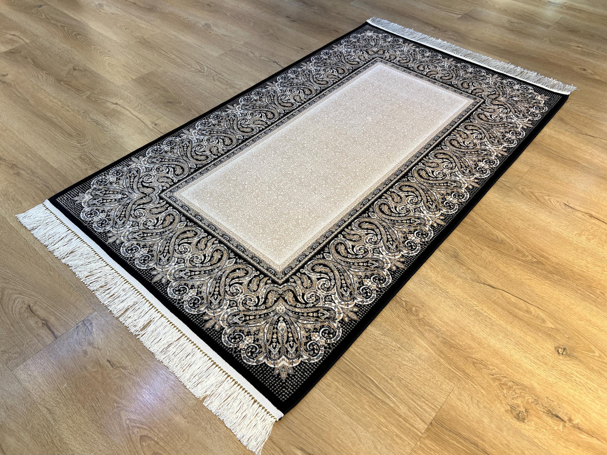 Cream Silk Rug with Black Border, 3x5 ft, Classic Luxury Small Rug
