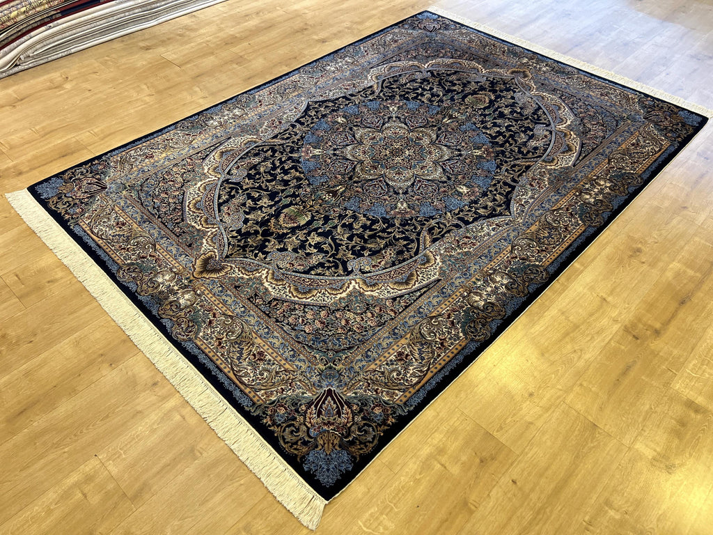 5x8 ft Black Blue Silk Carpet, Luxury Turkish Home Decor, Medallion Silk Rug
