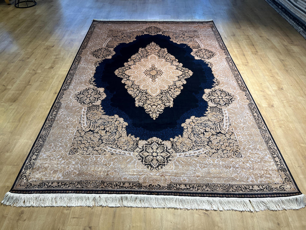 7x10 ft Navy Silk Rug, Gold Medallion and Border, Luxury Turkish Style