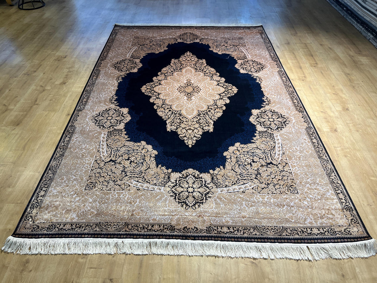 7x10 ft Navy Silk Rug, Gold Medallion and Border, Luxury Turkish Style