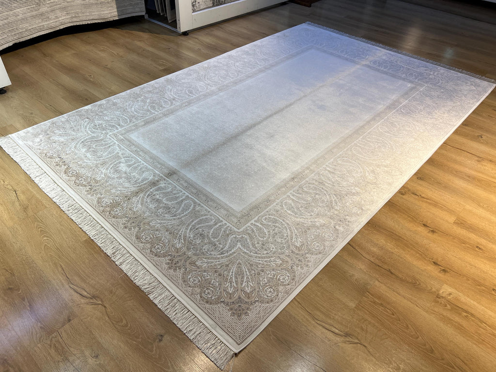 7x10 ft Cream Silk Rug, Grey Beige Border Design Modern Rug, Luxury Home Decor