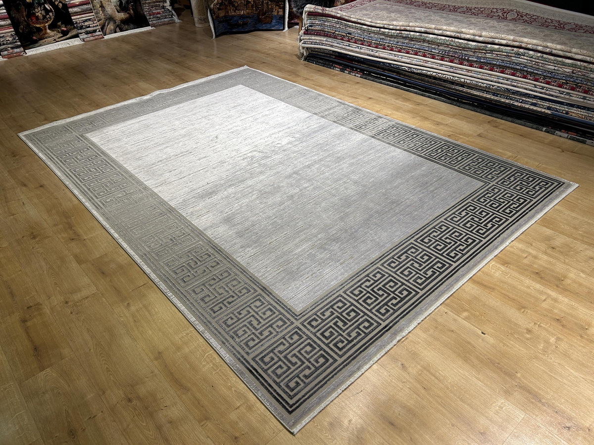 7x10 ft Gray Bamboo Rug, Bordered Minimalist Modern Rug