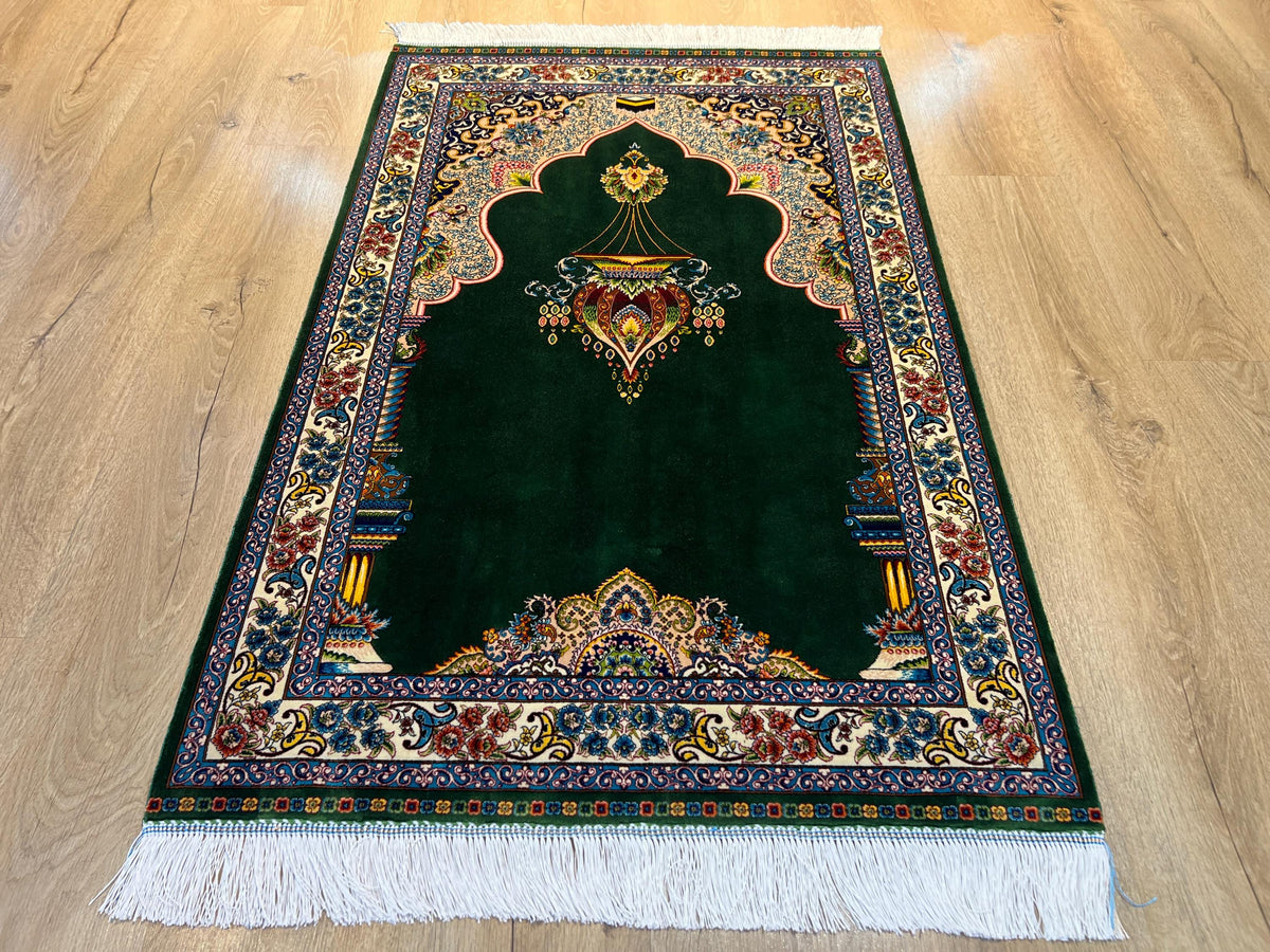Green Modal Silk Prayer Rug, Luxury Muslim Gift Mat (2.62X4.10 ft) Janamaz Mat