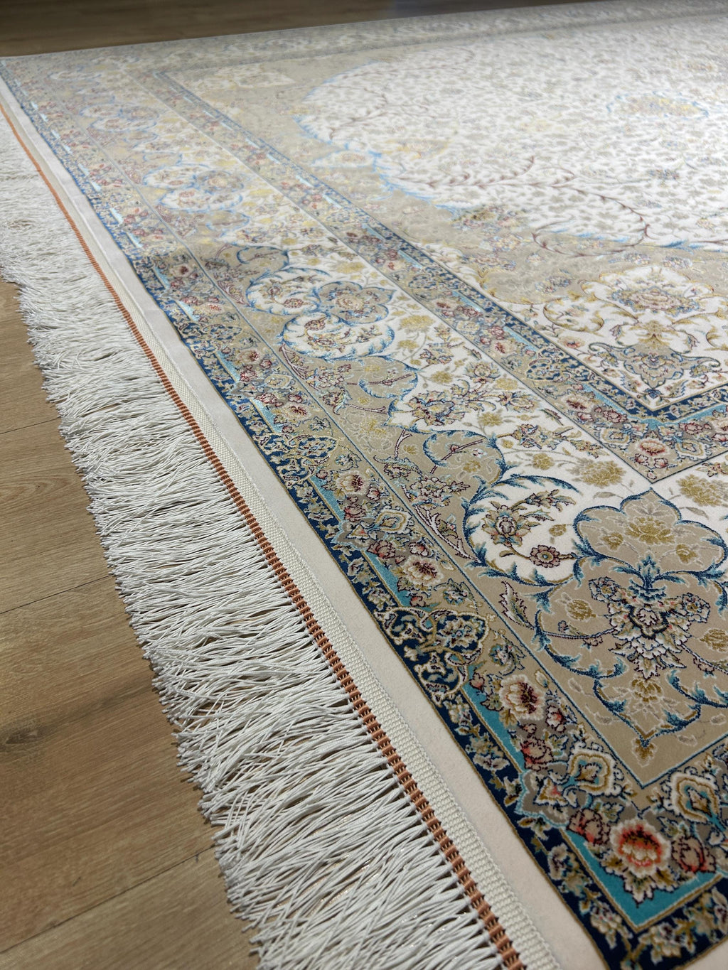Ivort Silk Rug, Blue Beige Medallion Classic Luxury Turkish Carpet