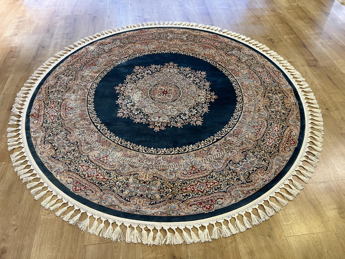 Blue Round Silk Rug, Medallion Design Turkish Carpet