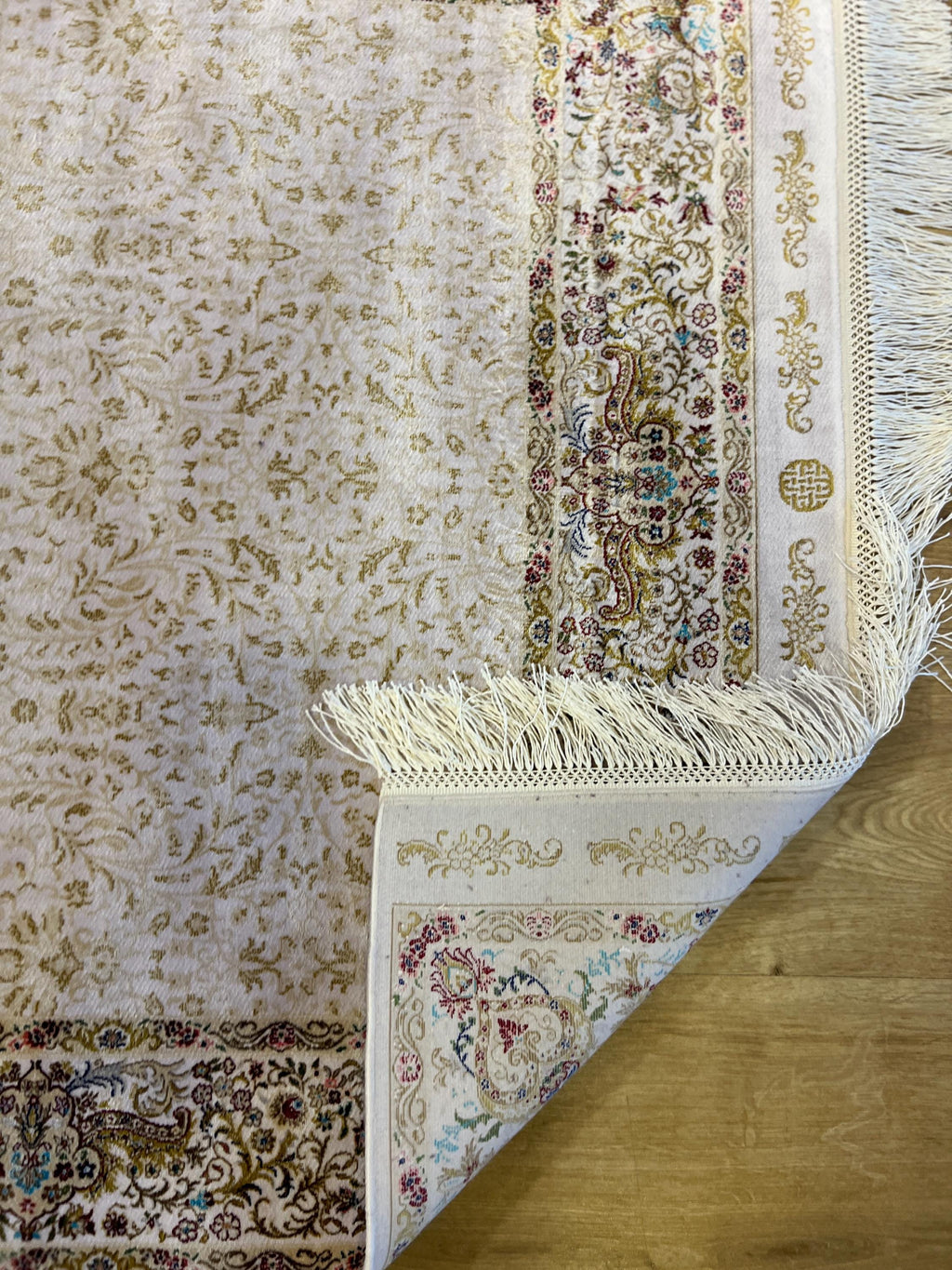 Cream Gold Silk Turkish Rug, 3x10 ft, Luxury Hallway Rug