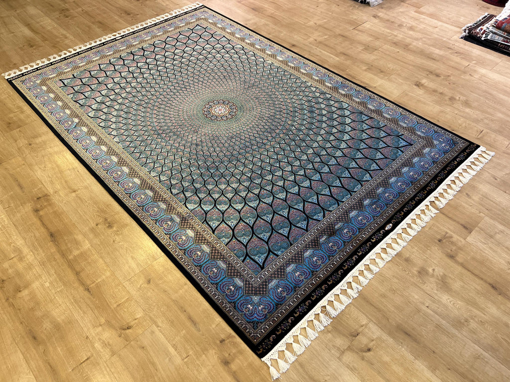 Blue Silk Rug, Classic Turkish Style Carpet, Medallion Design, Luxury Rug