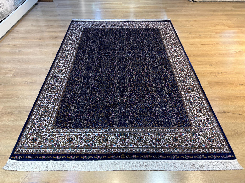 5x8 ft Navy Blue Silk Rug, Floral Border Design, Turkish Style Carpet, Luxury Rug