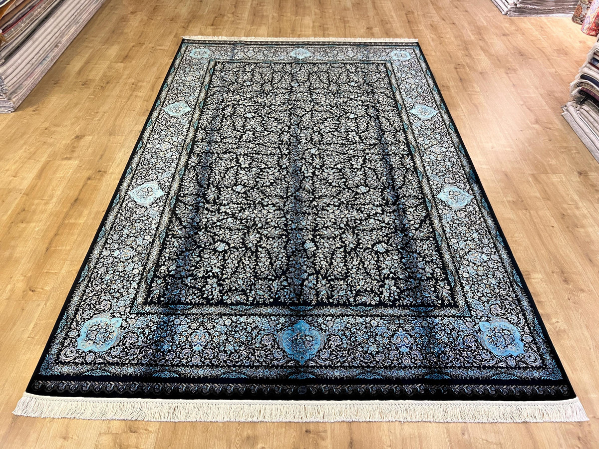 7x10 ft Elegant Silk Rug, Black Ground with Refined Blue Motifs
