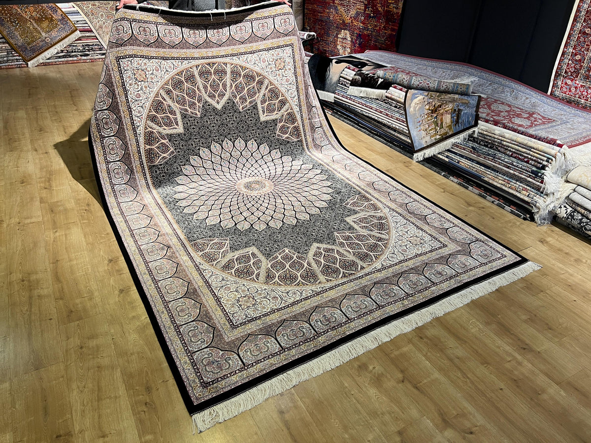 Black Silk Rug, Ivory Medallion Floral Design, Luxury Classic Carpet