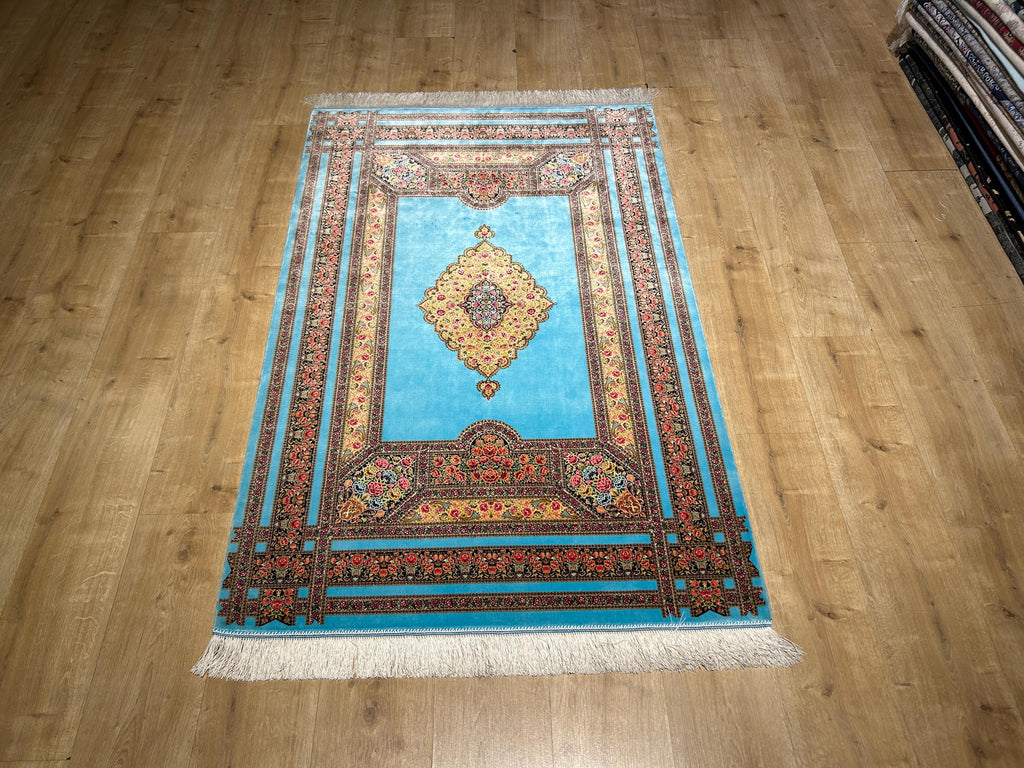 Blue Silk Rug, Floral Medallion and Border Design Classic Luxury Silk Carpet