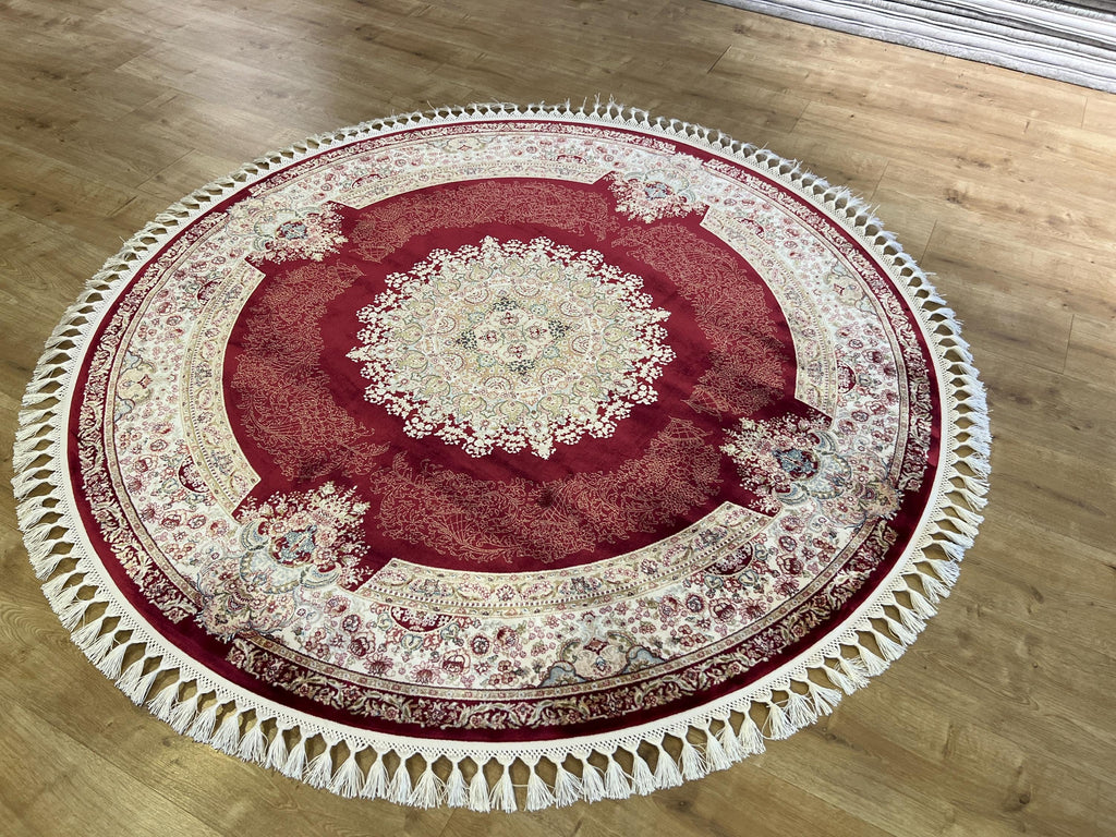 Round Silk Rug, Red Classic Turkish Carpet, Floral Medallion