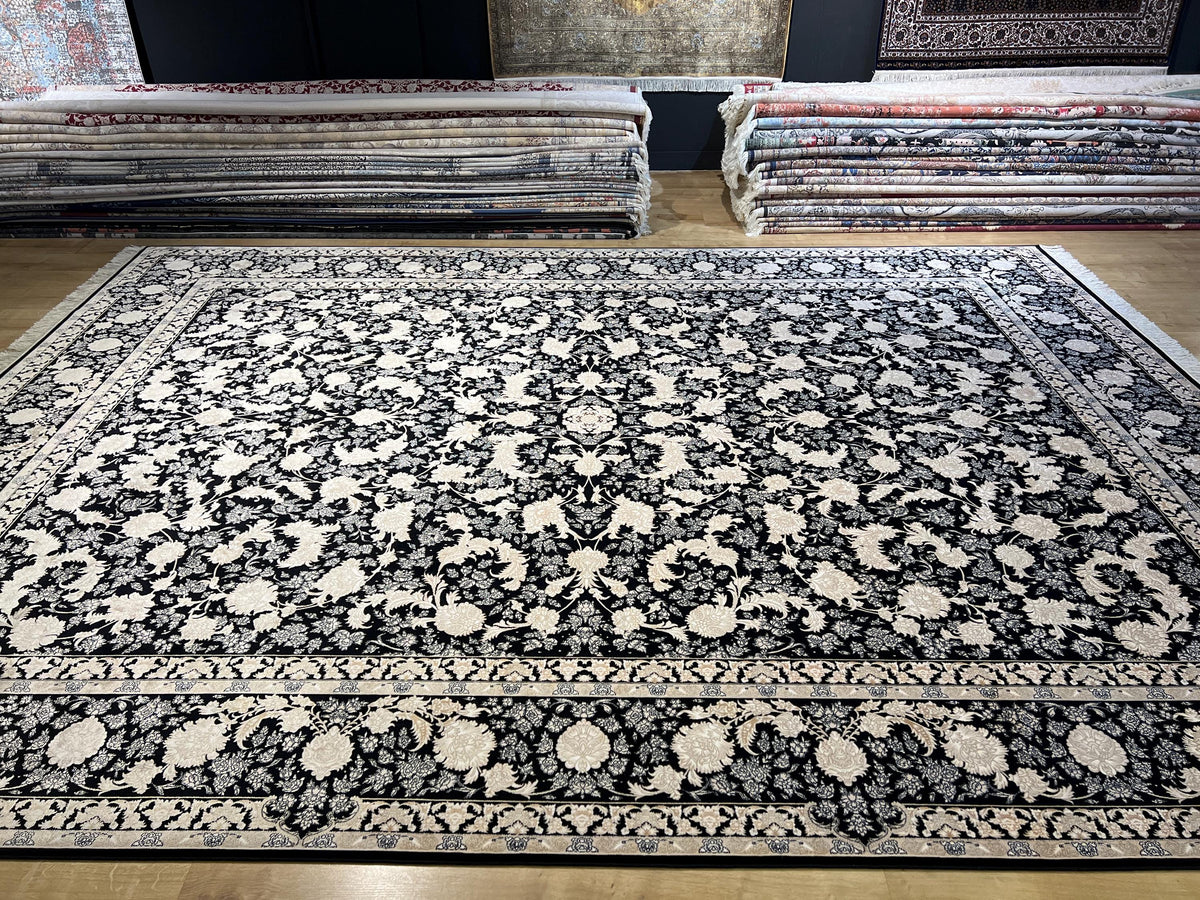 10x13 ft Black Classic Silk Rug with Gold Floral Motifs, Big Silk Carpet