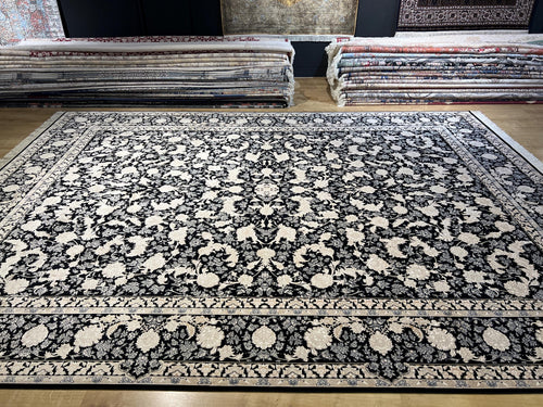 10x13 ft Black Classic Silk Rug with Gold Floral Motifs, Big Silk Carpet