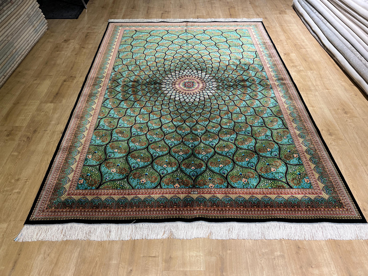 5x8 ft Luxury Green Silk Rug With Floral Border and Medallion