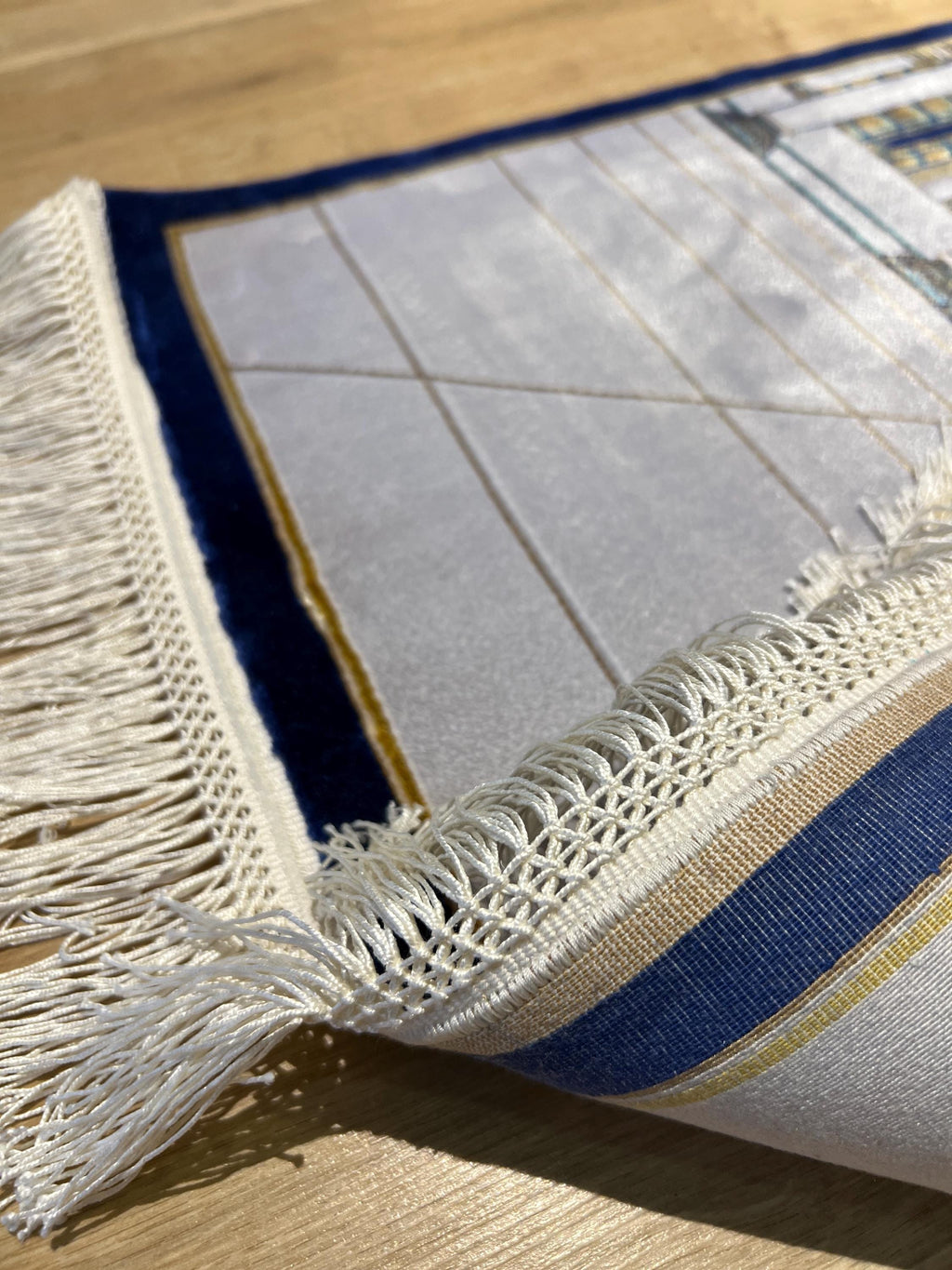 Gray Mosque Design Silk Prayer Rug with Blue Border