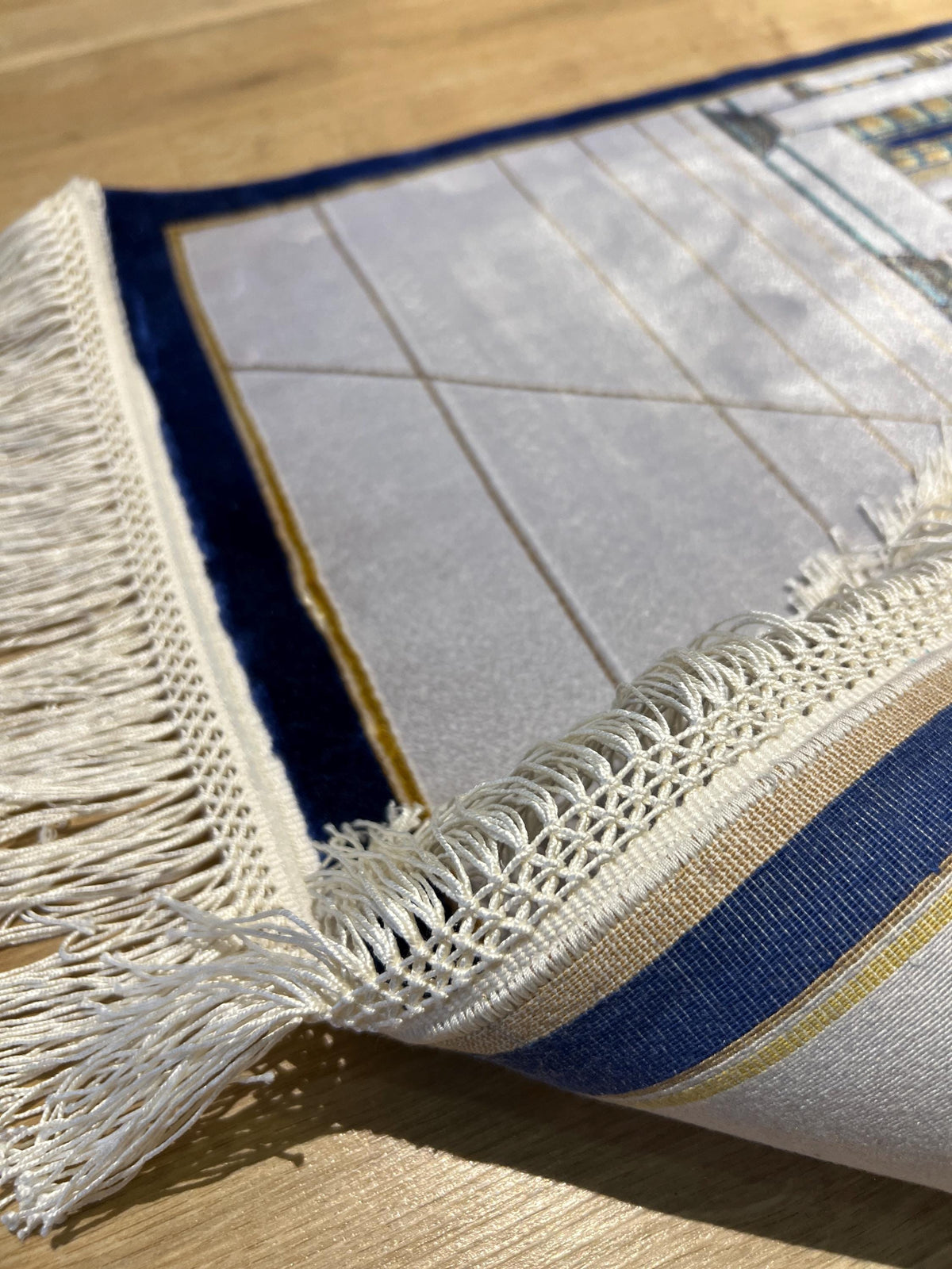 Gray Mosque Design Silk Prayer Rug with Blue Border