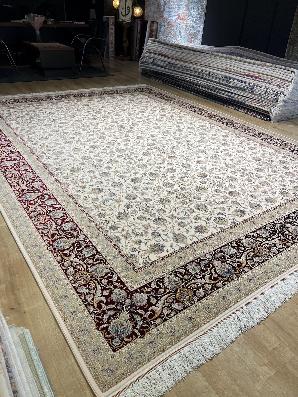 Cream Red Silk Rug, 10x13 ft, Large Classic Luxury Area Rug