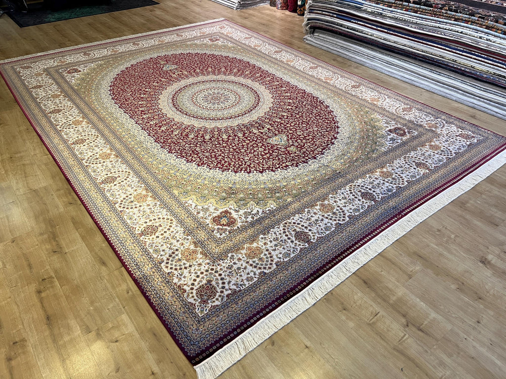 10x13 ft Red Silk Rug, Classic Medallion Design Traditional Rug