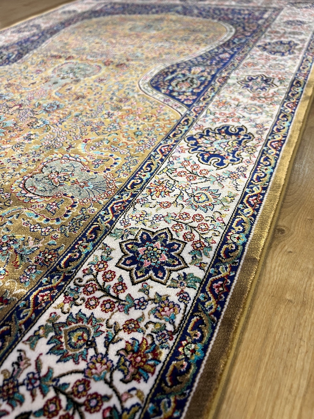 Gold Blue Silk Prayer Rug, Janamaz Mat, Muslim Gift Mat (2.62 X 4.10)