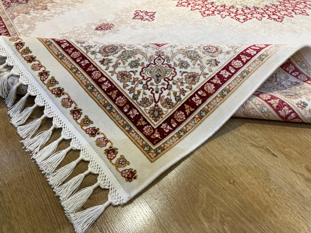 5x8 ft Ivory Bamboo Silk Rug, Red Medallion Classic Turkish Carpet