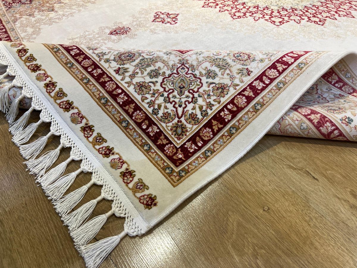 5x8 ft Ivory Bamboo Silk Rug, Red Medallion Classic Turkish Carpet