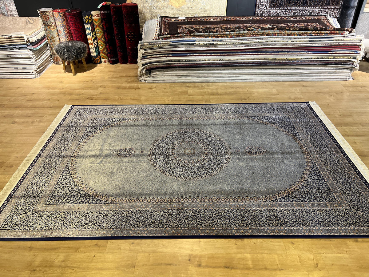 Gray Blue Turkish Silk Rug 7x10 ft, Oushak Style