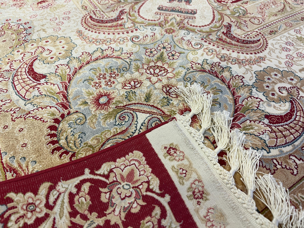 Red Bamboo Silk Rug 10x13 ft, Large Luxury Area Rug with Medallion Design