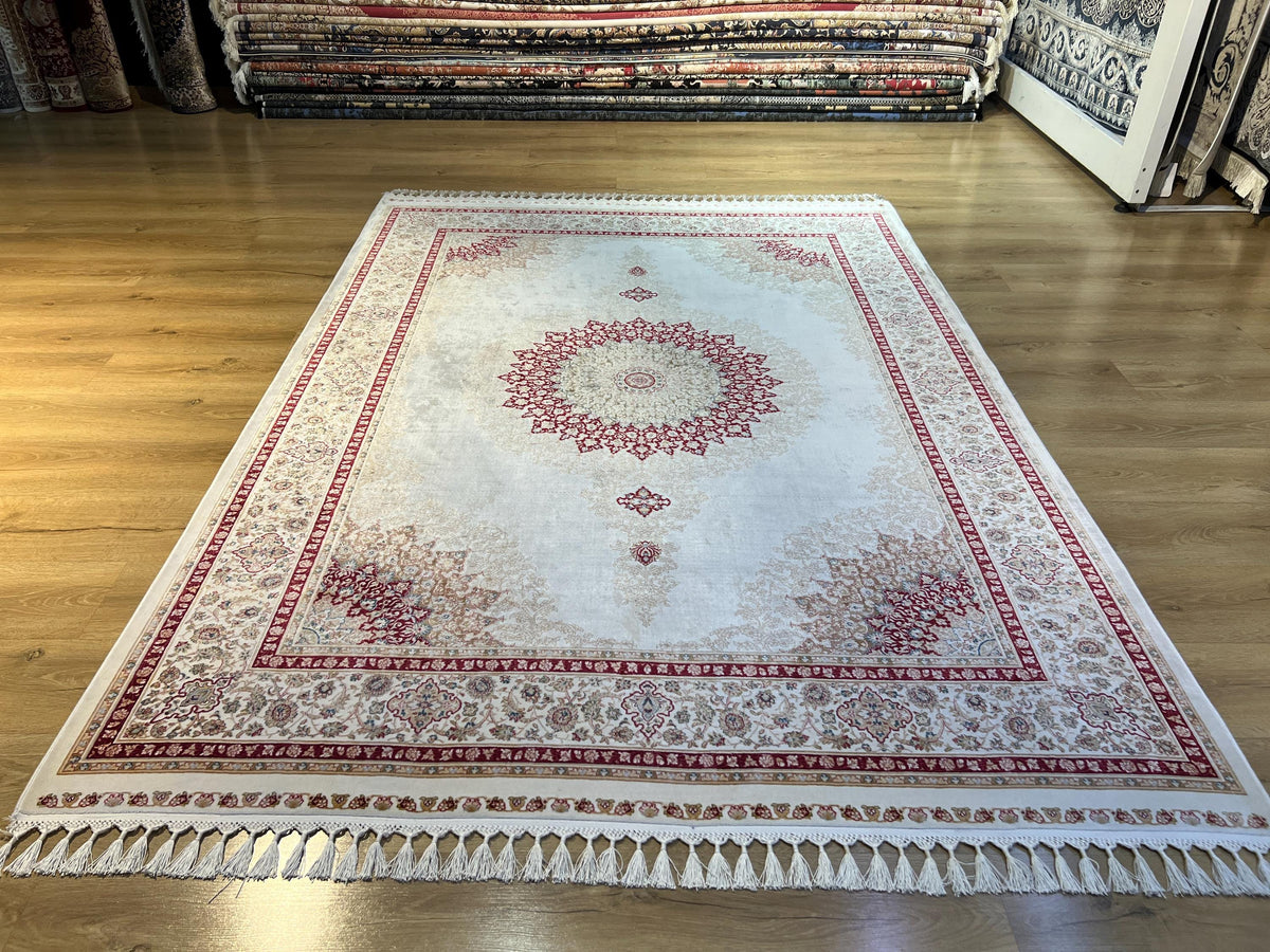 5x8 ft Ivory Bamboo Silk Rug, Red Medallion Classic Turkish Carpet