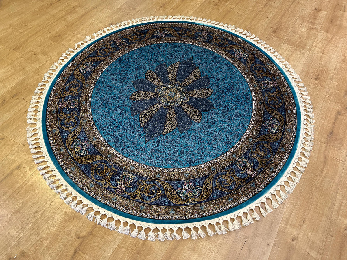 5x5 Ft Round Blue Gold Silk Rug, Medallion Design, Classic Luxury Area Rug