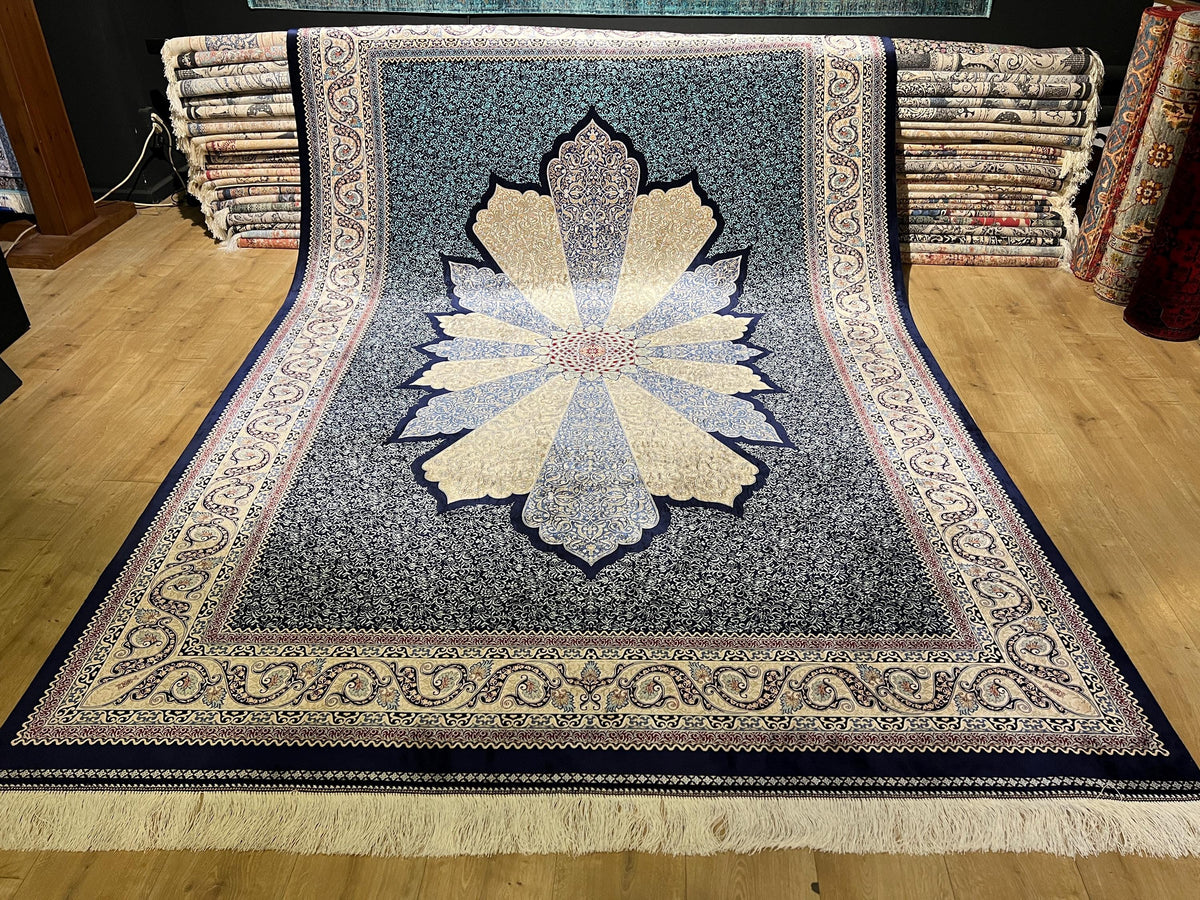 7x10 ft Navy Blue Silk Carpet, Traditional Pattern Rug