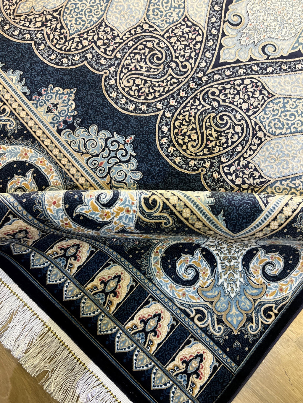 Navy Blue Silk Rug With Classic Ornamental Pattern
