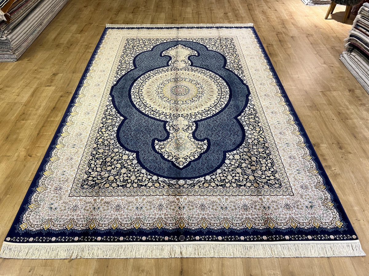 Navy Blue Modal Silk Turkish Carpet, 7x10 ft, Medallion Pattern Rug