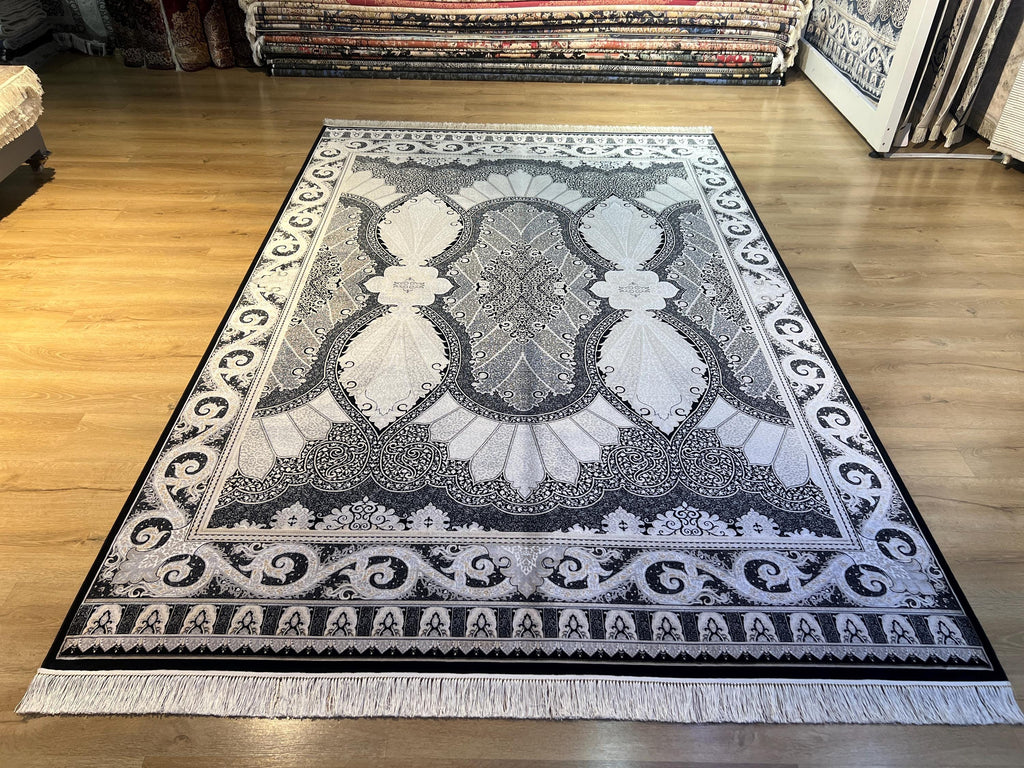 Black Silk Area Rug with Elegant Classic Motifs, Oversize Rug