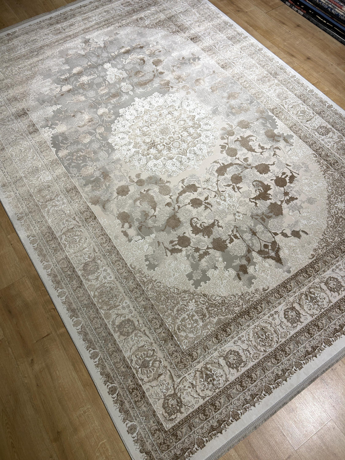 Gray Beige Brown Bamboo Rug, Luxury Medallion Design Bamboo Carpet, Home Decor