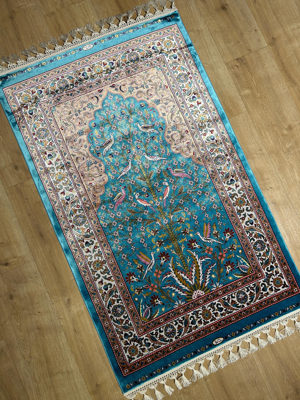2.62x4.10 ft Blue Silk Prayer Rug, Floral and Bird Design Mat, Muslim Janamaz Mat