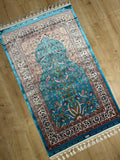 2.62x4.10 ft Blue Silk Prayer Rug, Floral and Bird Design Mat, Muslim Janamaz Mat