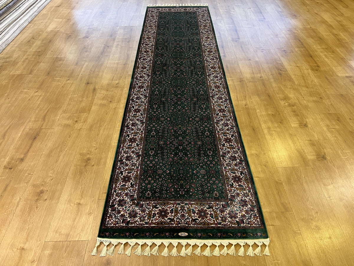Green Floral Silk Runner Rug, Turkish Style, 3x10 ft, Classic Luxury Hallway Rug