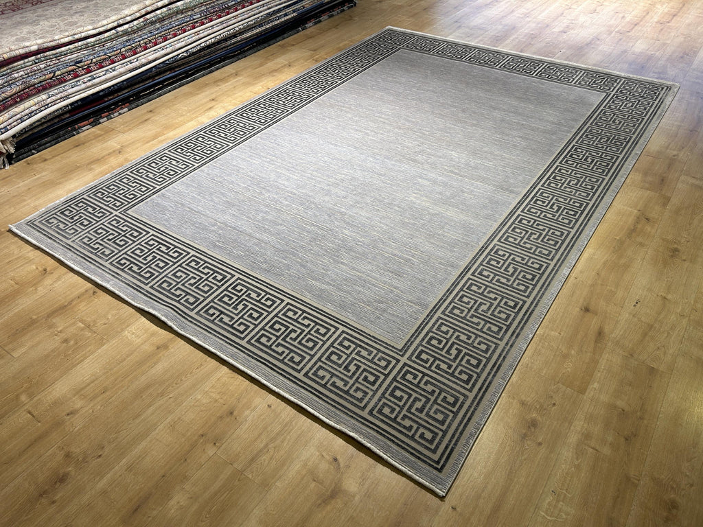 7x10 ft Gray Bamboo Rug, Bordered Minimalist Modern Rug