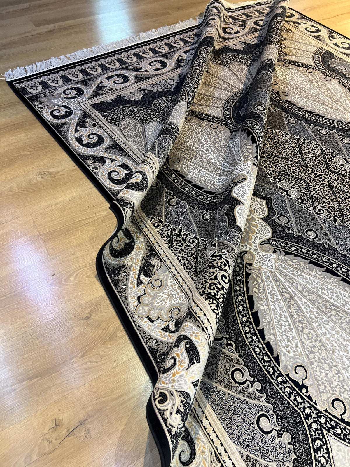 Black Silk Area Rug with Elegant Classic Motifs, Oversize Rug