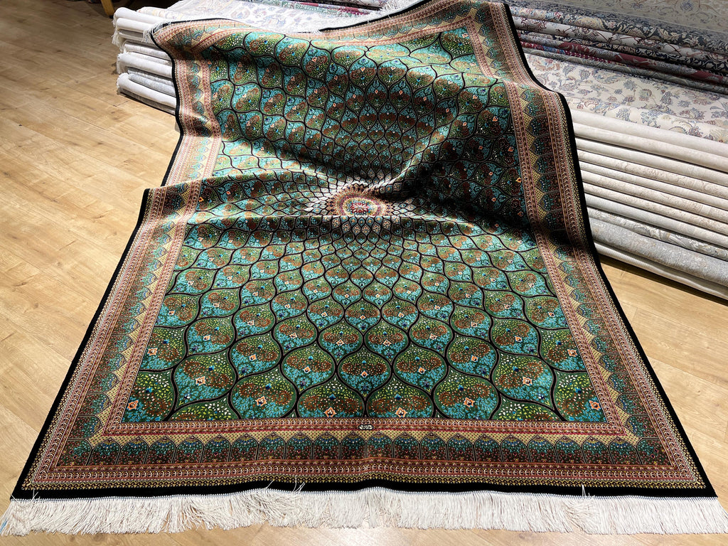 5x8 ft Green Silk Rug, Medallion Peacock Tail Design Rug, Luxury Carpet