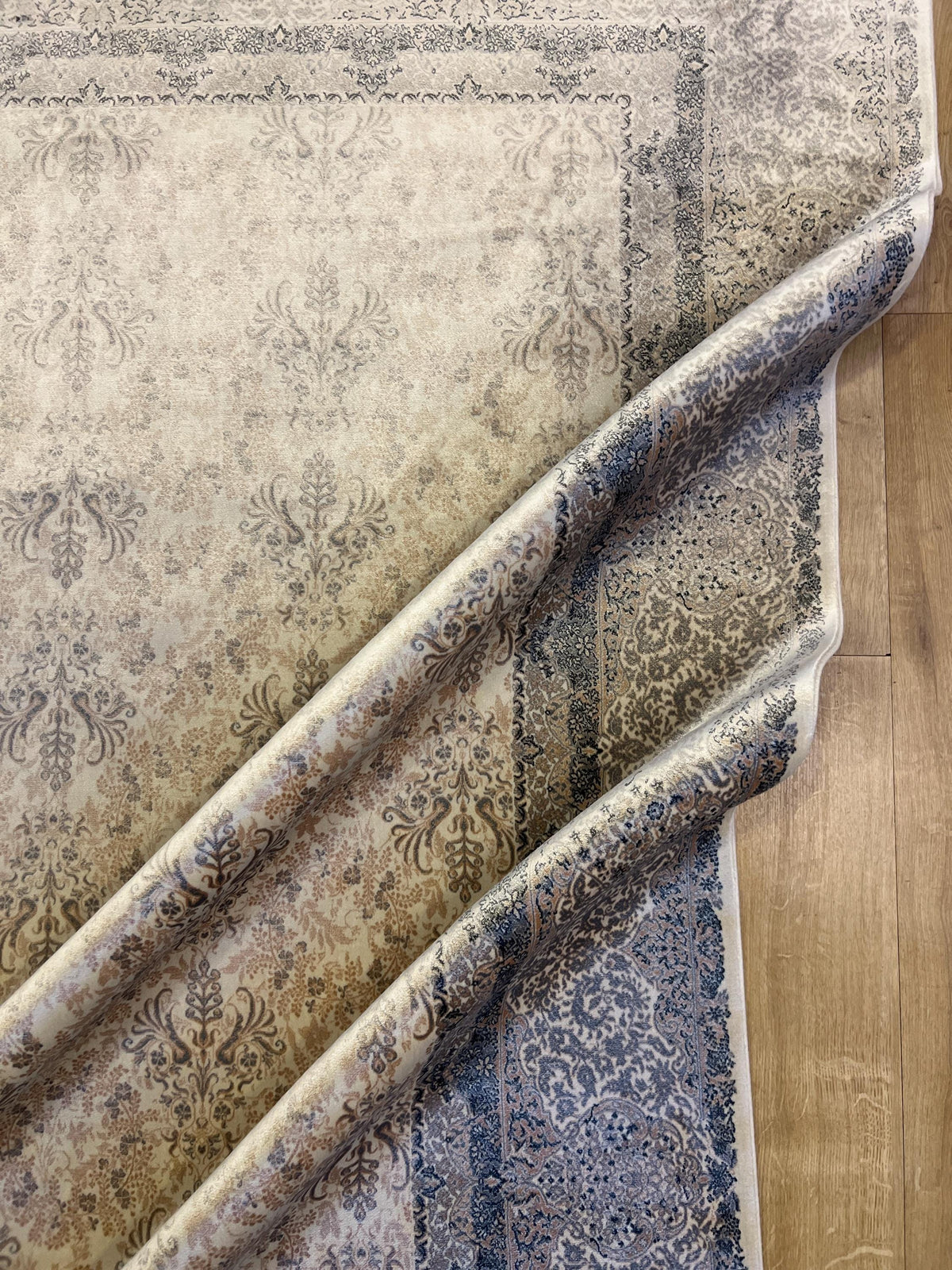 Gray Beige Silk Rug, Floral Design Bordered Silk Carpet, Turkish Home Decor