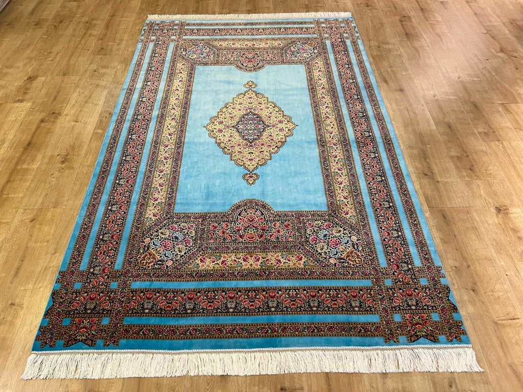 5x8 ft Blue Silk Area Rug, Floral Medallion Classic Style, Luxury Home Decor