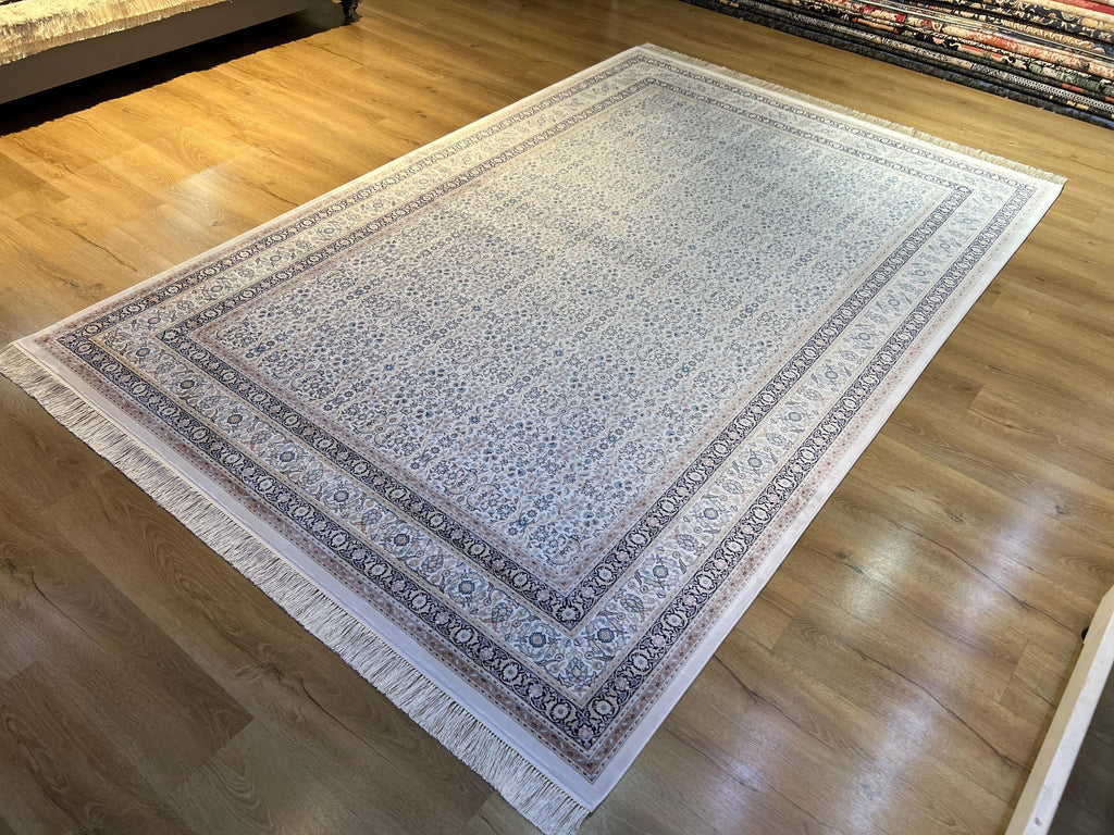 7x10 ft Ivory Silk Rug with Floral Border, Oversize Rug, Classic Turkish Style