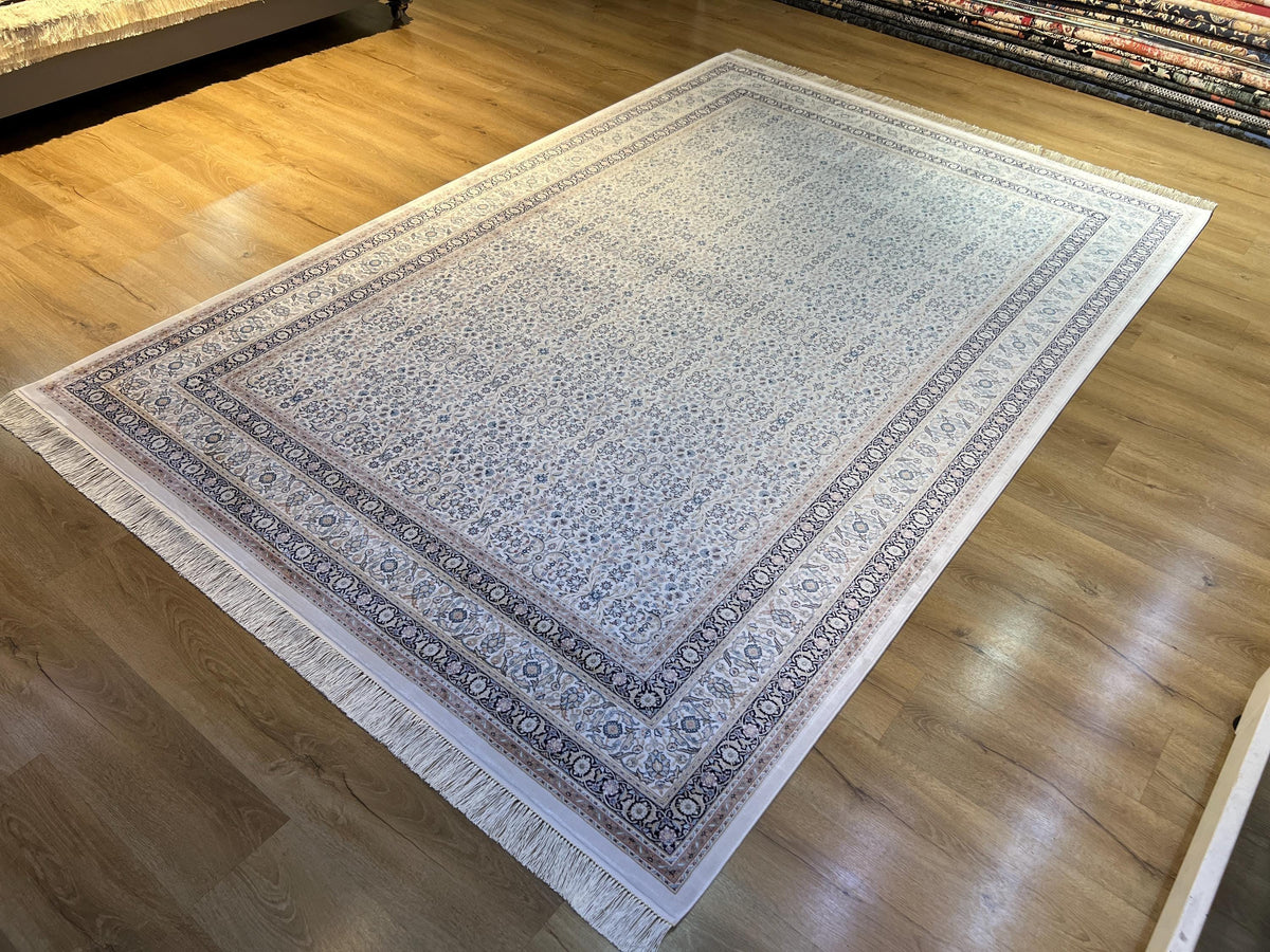 7x10 ft Ivory Silk Rug with Floral Border, Oversize Rug, Classic Turkish Style