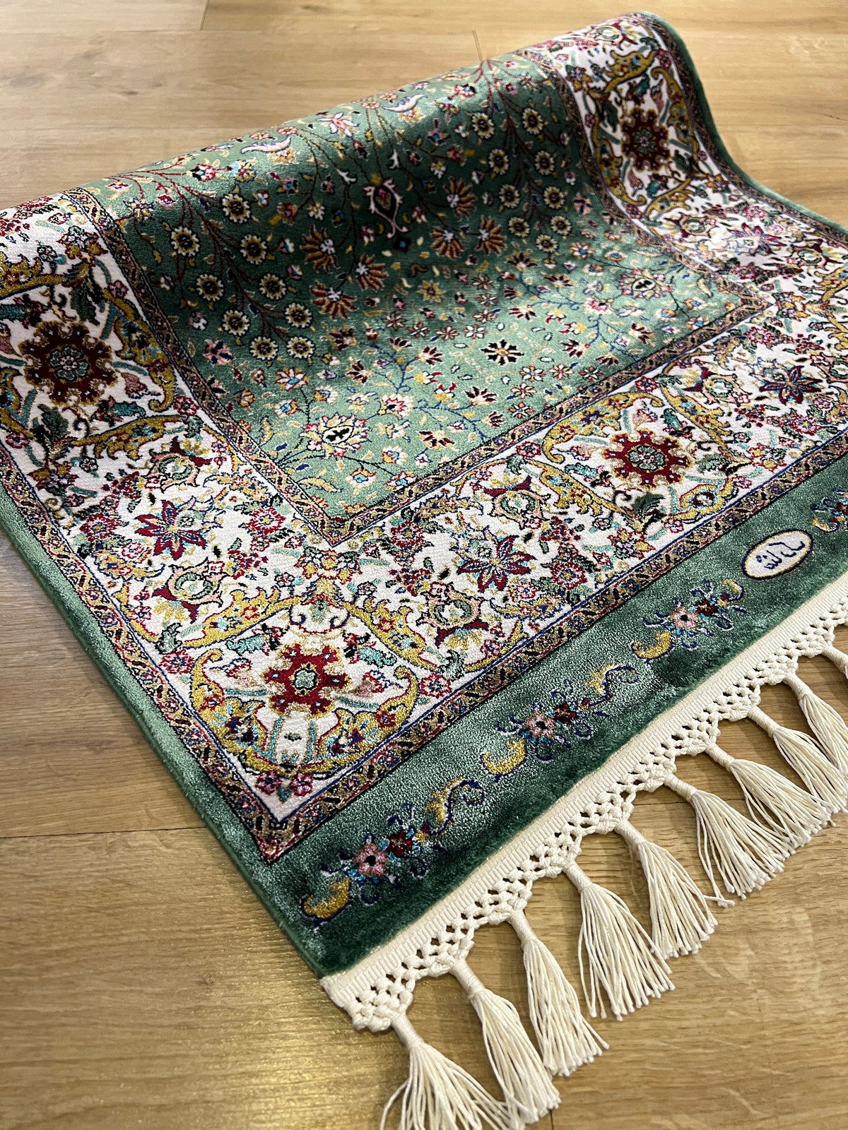 Green Beige Floral Silk Rug, Turkish Carpet, Luxury Home Decor
